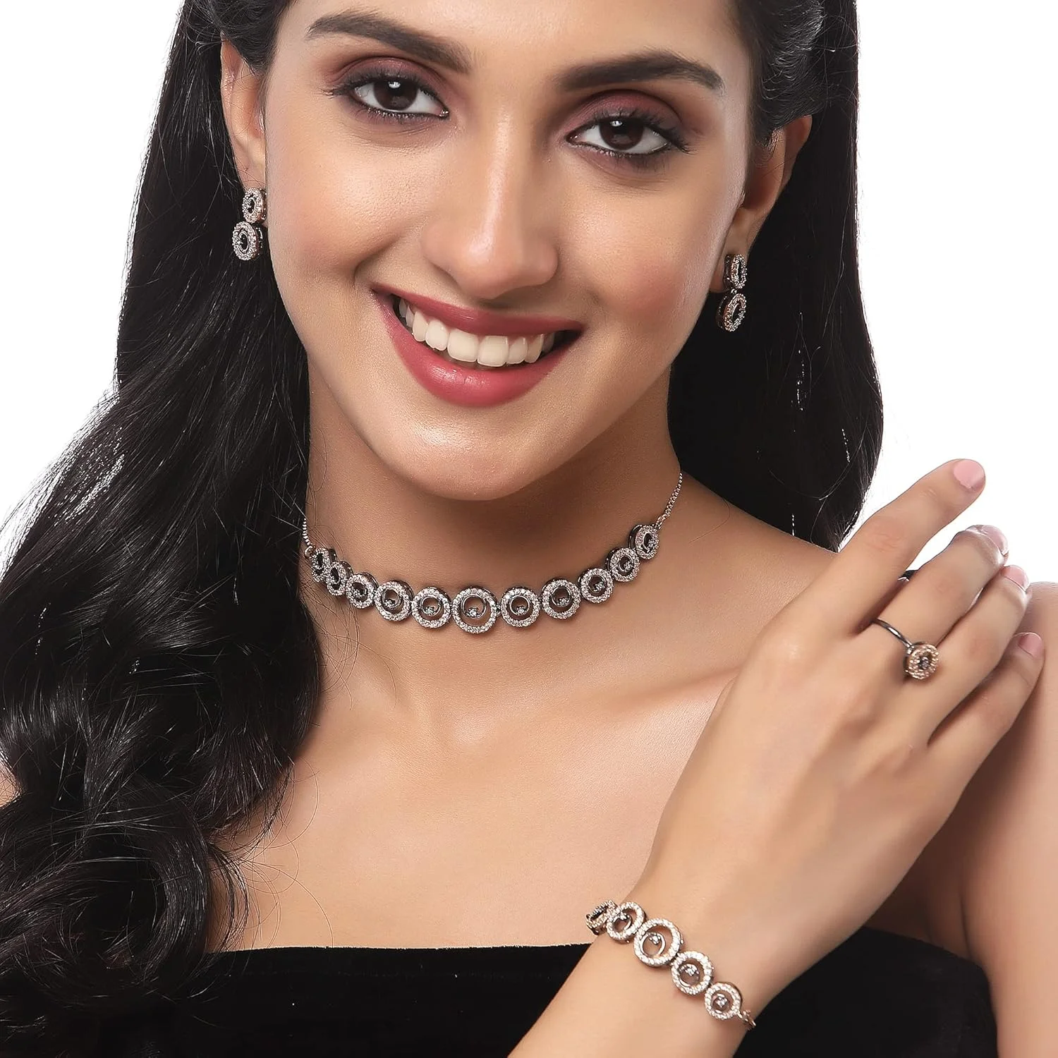 ست جواهرات زنانه ZENEME شامل گردنبند، گوشواره، دستبند و انگشتر نگین دار رزگلد با روکش فلزی (طرح دایره ای) سایز آزاد رزگلد و سفید، سایز آزاد، برنج، بدون سنگ قیمتی ست جواهرات زنانه ZENEME شامل گردنبند، گوشواره، دستبند و انگشتر نگین دار رزگلد با روکش فلزی (طرح دایره ای) سایز آزاد رزگلد و سفید، سایز آزاد، برنج، بدون سنگ قیمتی