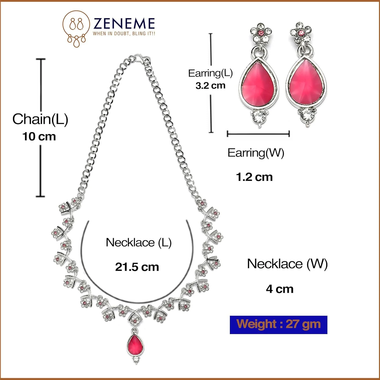 ست زیورآلات زنانه زنم مدل اشکی نگیندار با زیرکونیا صورتی، روکش نقرهای اکسیدشده، شامل گردنبند و گوشواره، فری سایز، جنس برنج و زیرکونیا ست زیورآلات زنانه زنم مدل اشکی نگیندار با زیرکونیا صورتی، روکش نقرهای اکسیدشده، شامل گردنبند و گوشواره، فری سایز، جنس برنج و زیرکونیا