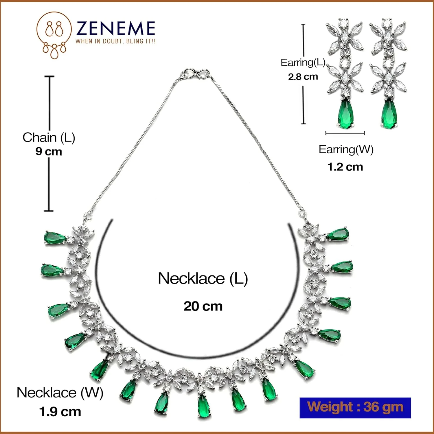 ست زیورآلات زنانه ZENEME با روکش رودیوم، نقرهای رنگ، طرح اشک، نگیندار، شامل گردنبند و گوشواره (سبز)، سایز آزاد، روکش رودیوم، نگین اتمی ست زیورآلات زنانه ZENEME با روکش رودیوم، نقرهای رنگ، طرح اشک، نگیندار، شامل گردنبند و گوشواره (سبز)، سایز آزاد، روکش رودیوم، نگین اتمی