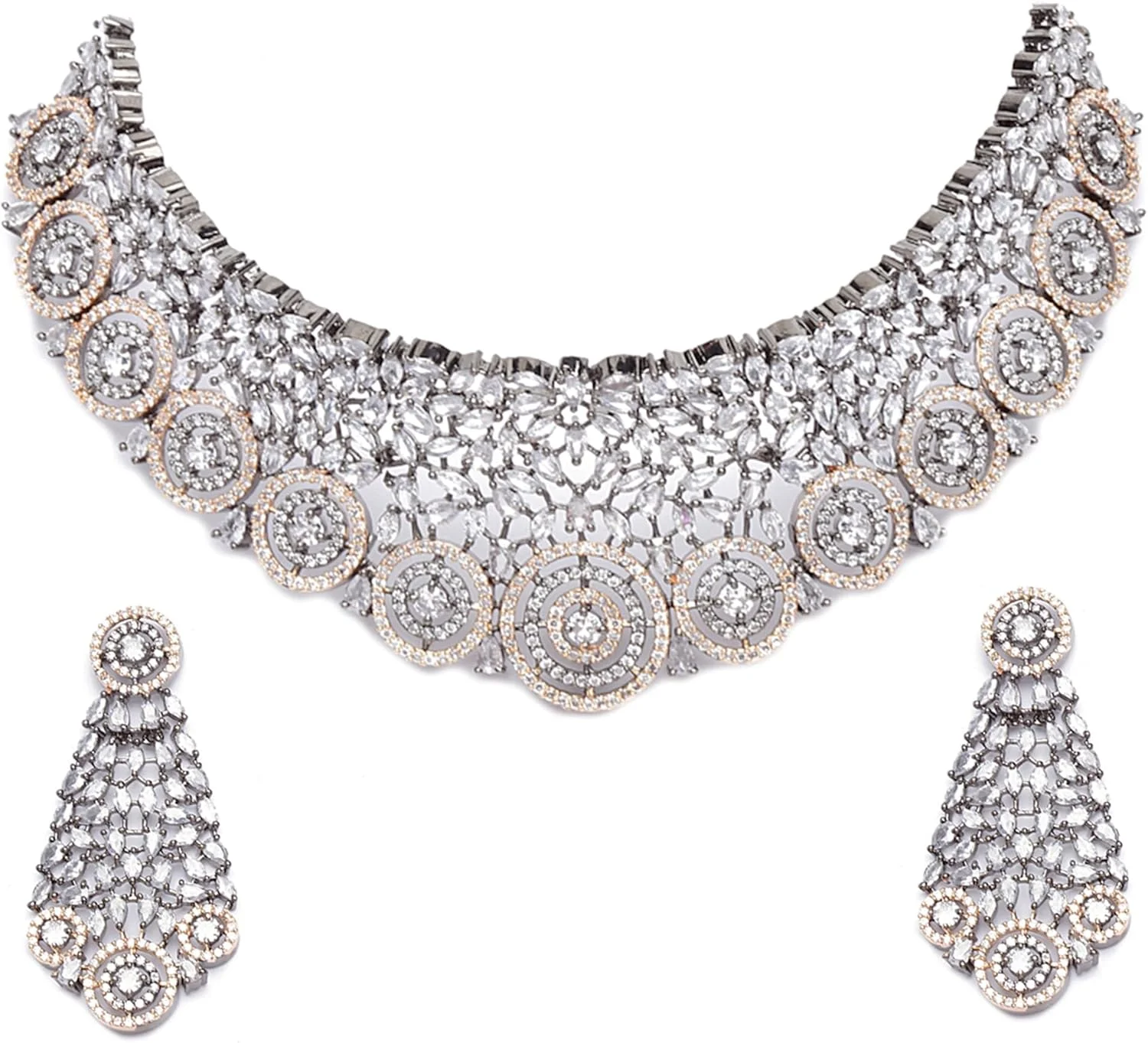 ست گردنبند چوکر نگین اتمی با روکش رزگلد و رنگ متال تفنگی به همراه گوشواره، مناسب دختران و زنان (سفید)، سایز آزاد، روکش رزگلد، نگین اتمی