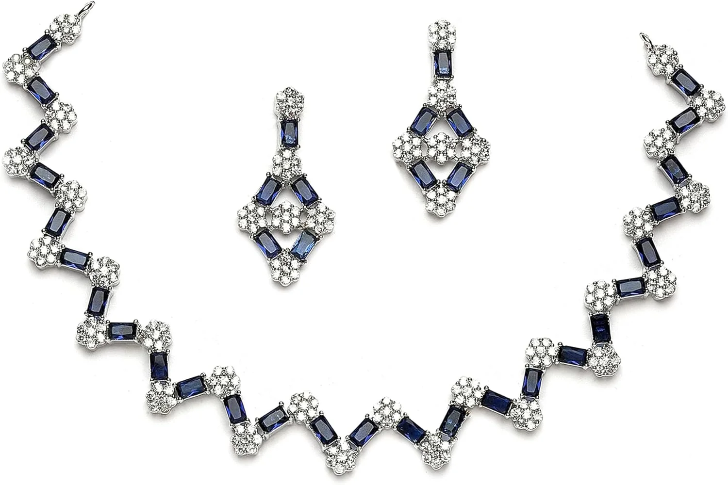 ست گردنبند و گوشواره زنانه نگین دار طرح الماس آمریکایی آبکاری رودیوم برند زنمی (آبی تیره)