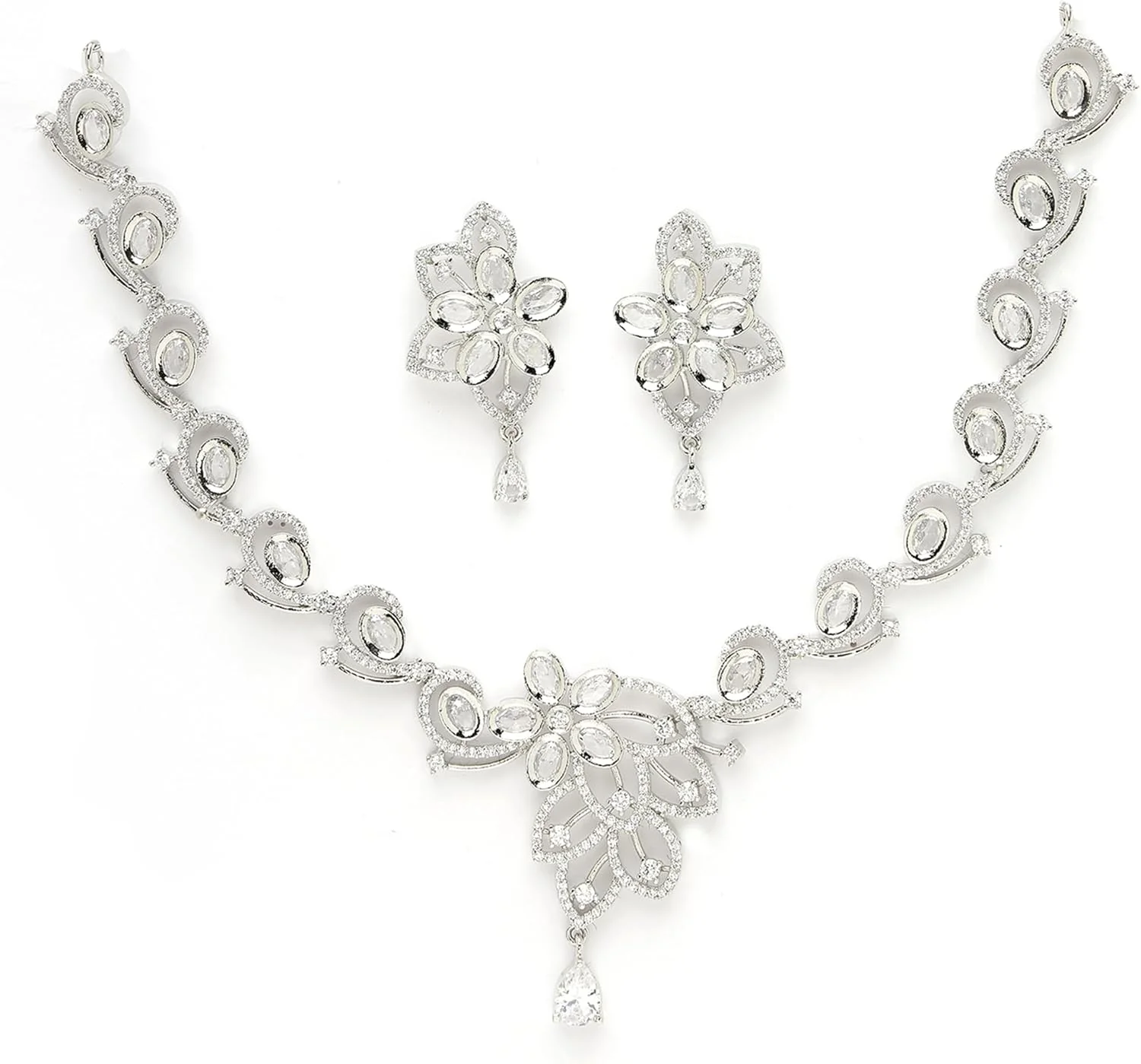 ست گردنبند و گوشواره زنانه طرح گل و بته جقه نگین دار روکش رودیوم زنانه زنم