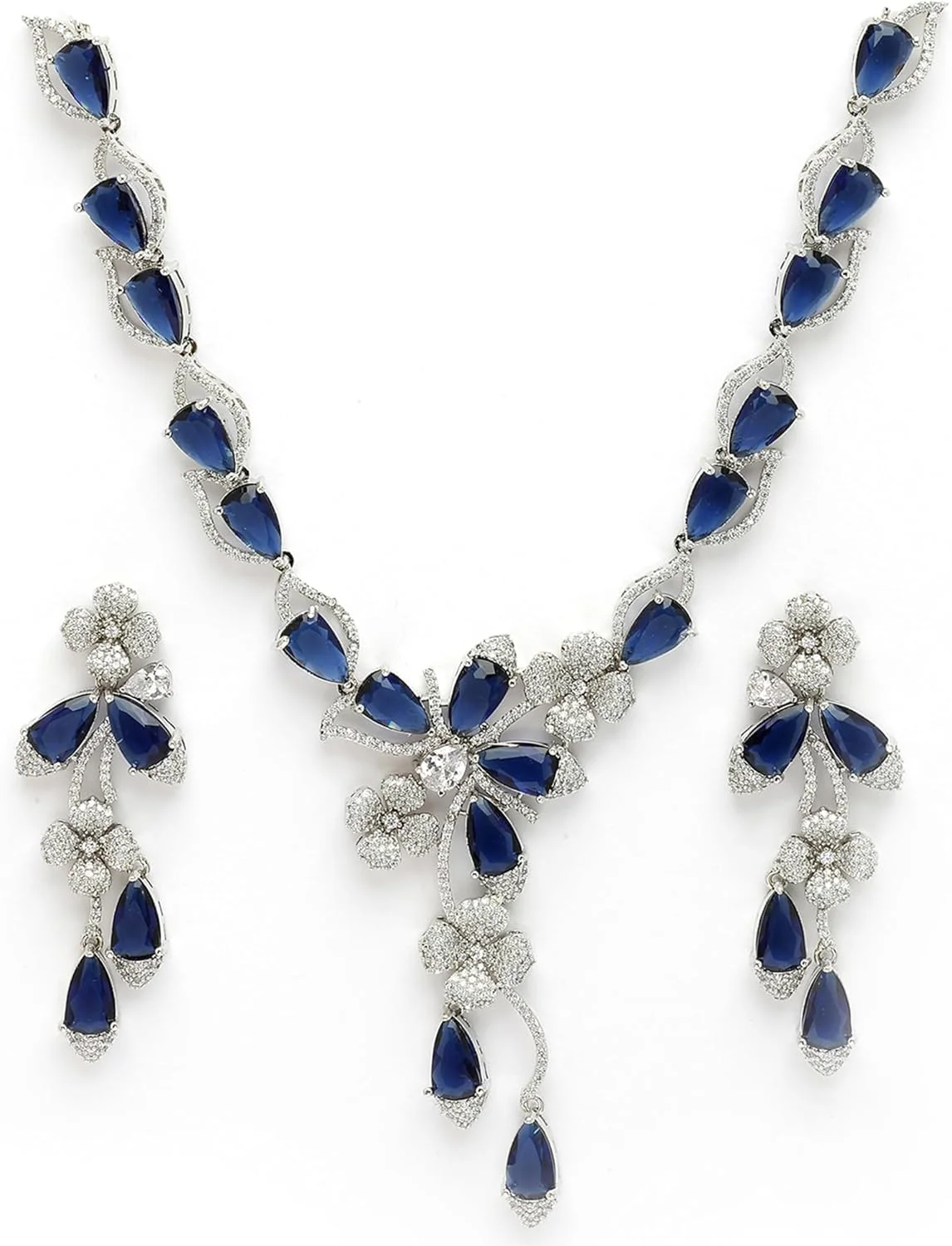 ست گردنبند و گوشواره زنانه نگین دار نقره ای ZENEME با روکش رودیوم، آبی سلطنتی و کریستال اشکی