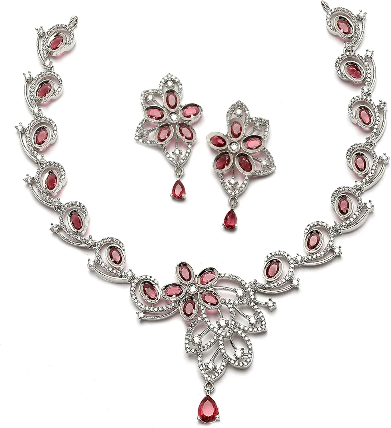 ست گردنبند و گوشواره زنانه طرح گل و بته جقه نگین دار روکش رودیوم ZENEME (قرمز)