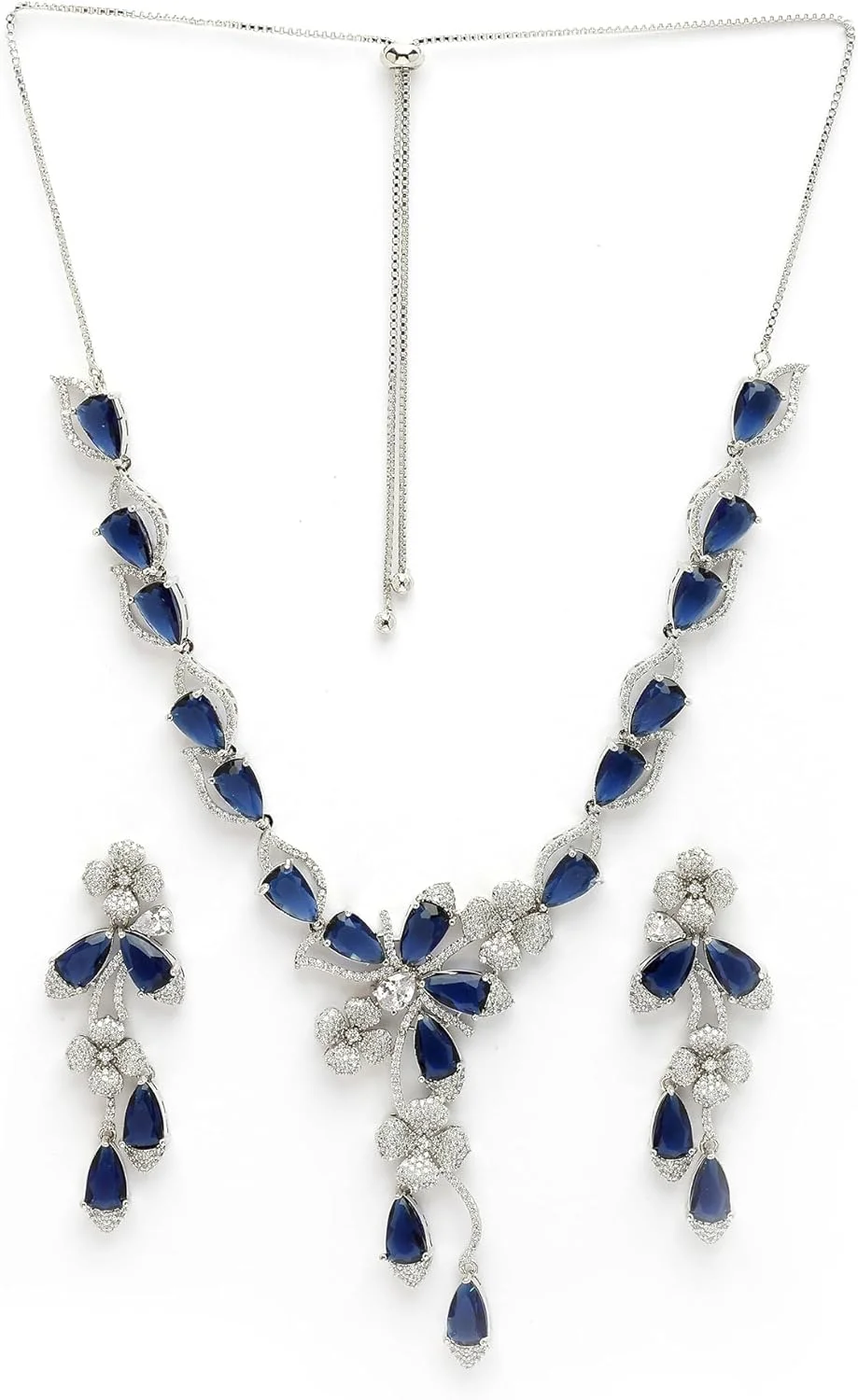 ست گردنبند و گوشواره زنانه نگین دار نقره ای ZENEME با روکش رودیوم، آبی سلطنتی و کریستال اشکی ست گردنبند و گوشواره زنانه نگین دار نقره ای ZENEME با روکش رودیوم، آبی سلطنتی و کریستال اشکی