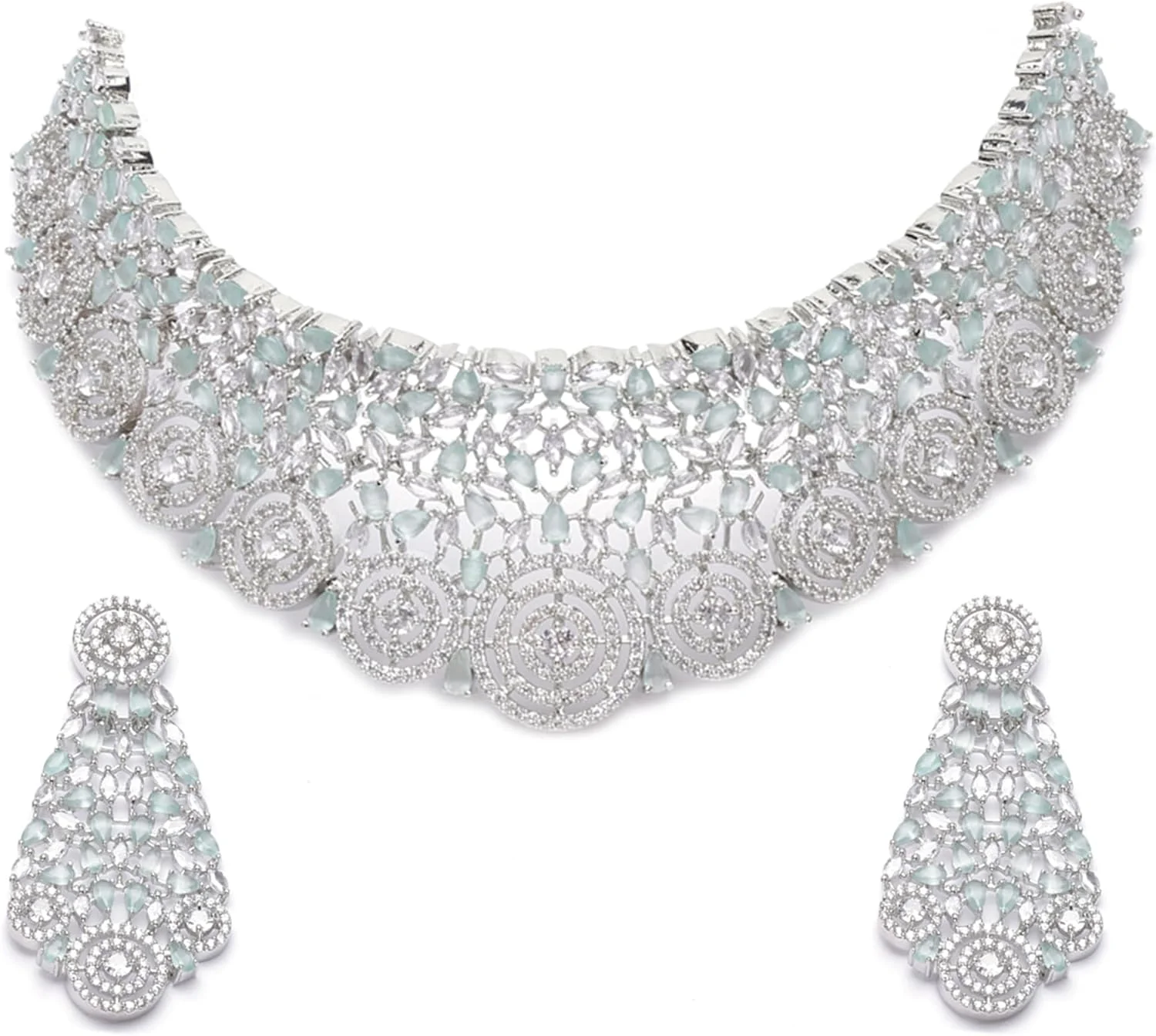 ست گردنبند چوکر نقره ای روکش رودیوم نگین الماس آمریکایی زنانه و دخترانه به همراه گوشواره