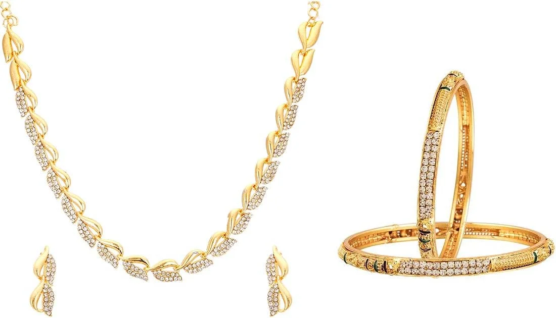 ست گردنبند و النگو زنانه و دخترانه با روکش طلای طرح الماس آمریکایی Zeneme