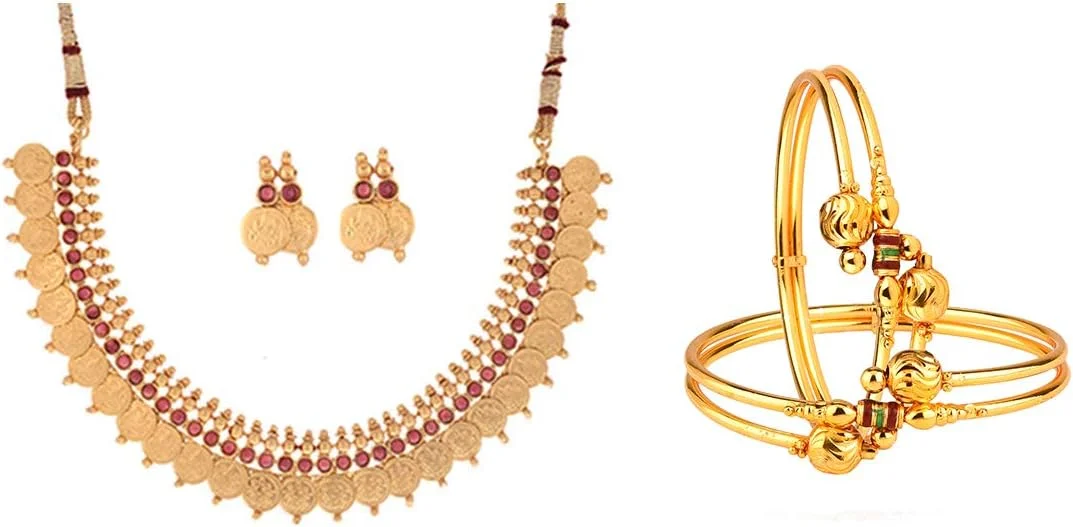 ست گردنبند سنتی با روکش طلا و ست النگو زنانه و دخترانه Zeneme، سایز آزاد، روکش طلا، زیرکونیا کوبیک