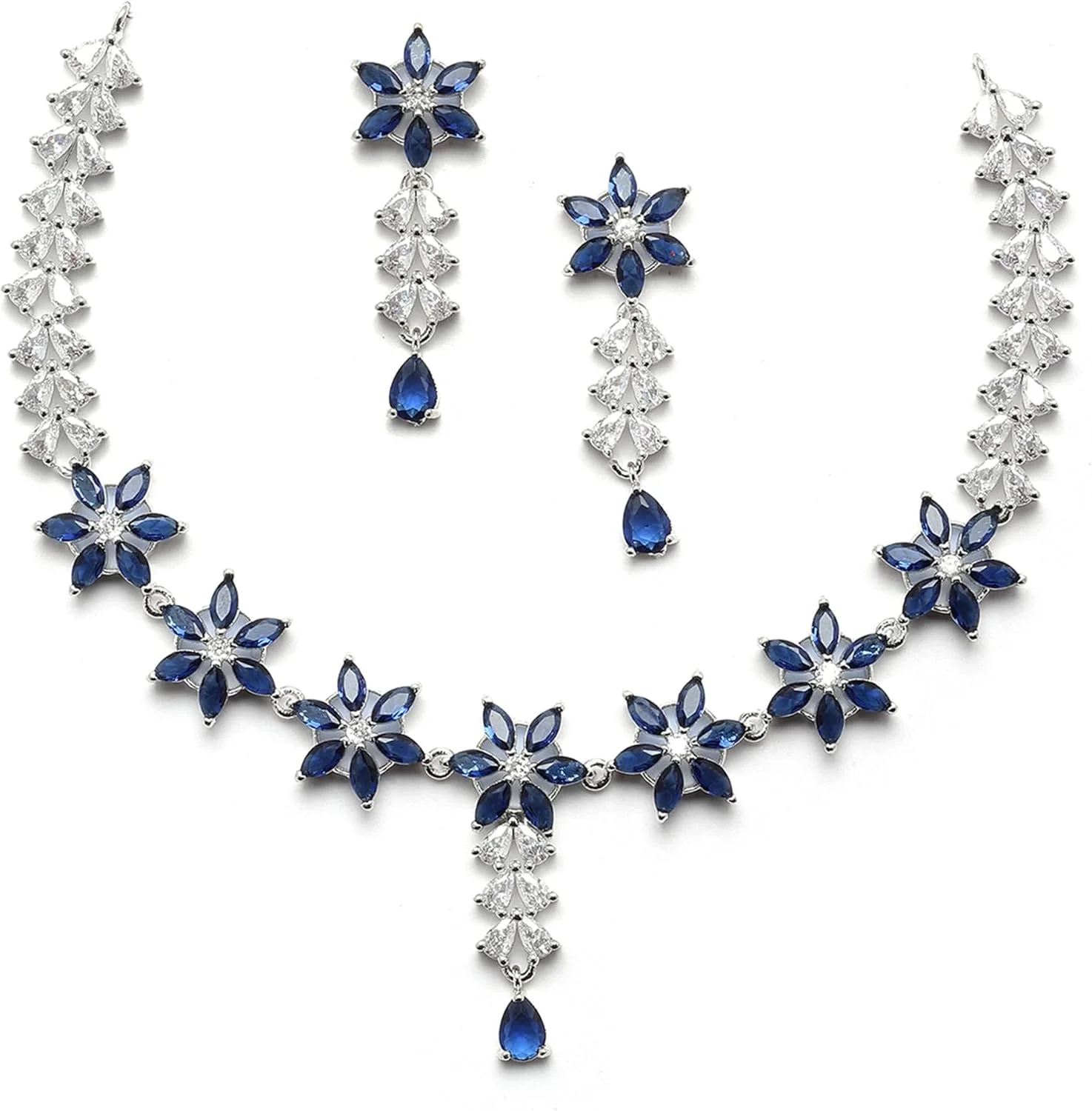 ست زیورآلات زنانه و دخترانه زنم مدل Rhodium-Plated Silver Toned Star Shaped American Diamond Studded شامل گردنبند و گوشواره