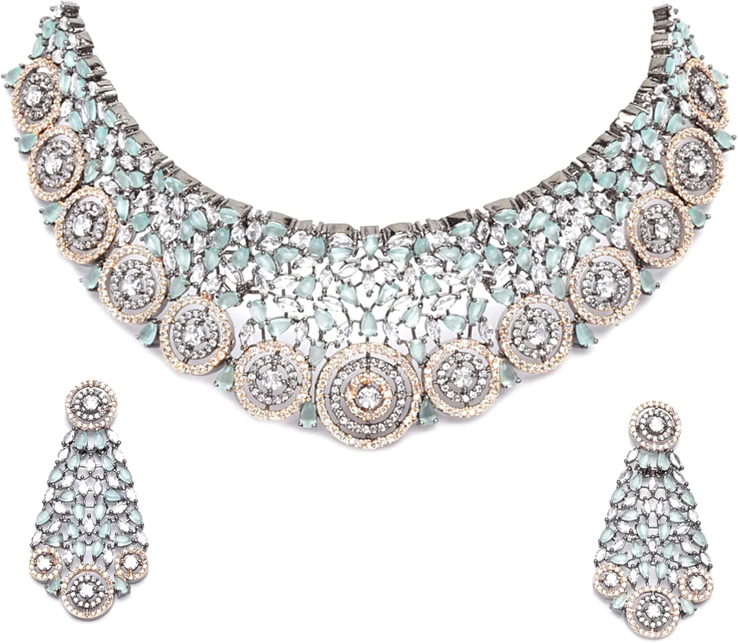 ست گردنبند چوکر رزگلد با روکش فلز تفنگی و نگین های اتمی به همراه گوشواره، مناسب دختران و زنان (سبز لیمویی)، سایز آزاد، روکش رزگلد، نگین اتمی