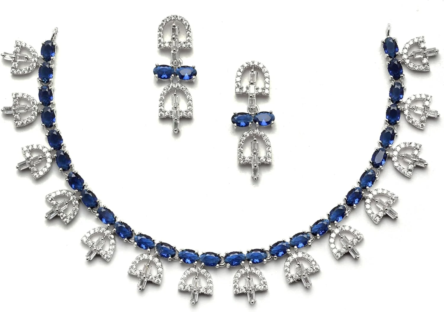 ست گردنبند و گوشواره زنانه زنم مدل نگین دار مستطیلی نقره ای با روکش رودیوم