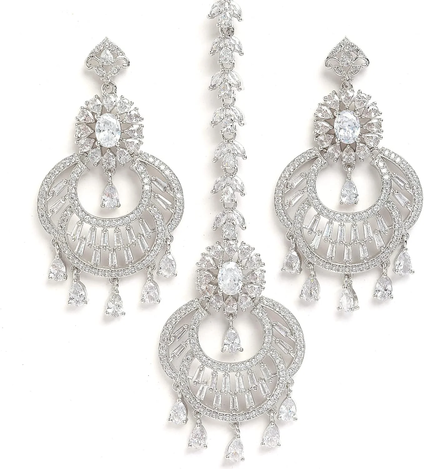 ست گوشواره و مانگ تیکا زنانه و دخترانه Zeneme با طراحی گرد براق و روکش رودیوم، متوسط، برنج با روکش رودیوم، زیرکونیا کوبیک