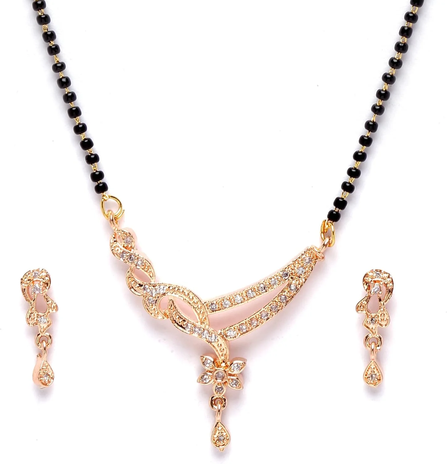 نیم ست مانگالسوترای رزگلد زنانه و دخترانه زنمه با نگین های مصنوعی سفید و مهره های مشکی به همراه گوشواره، سایز آزاد، روکش رزگلد، نگین های مصنوعی و مهره