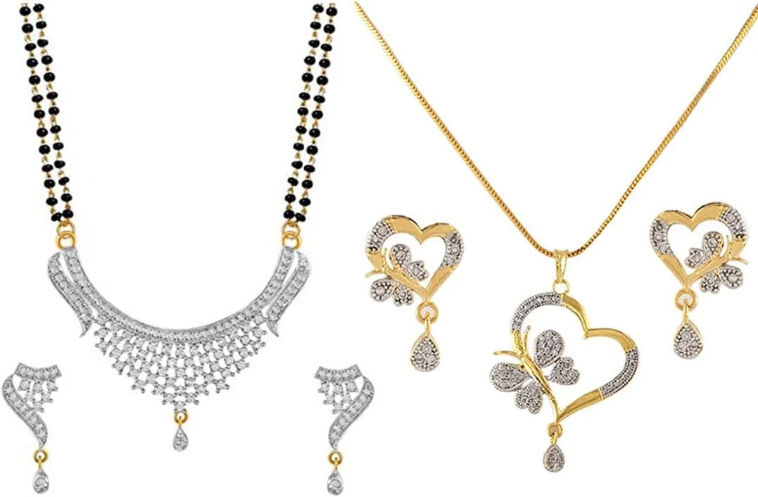 ست مانگالسوتر و آویز زنانه نگین دار طرح الماس آمریکایی با روکش طلای طرح دار Zeneme مناسب مهمانی (طرح 2)