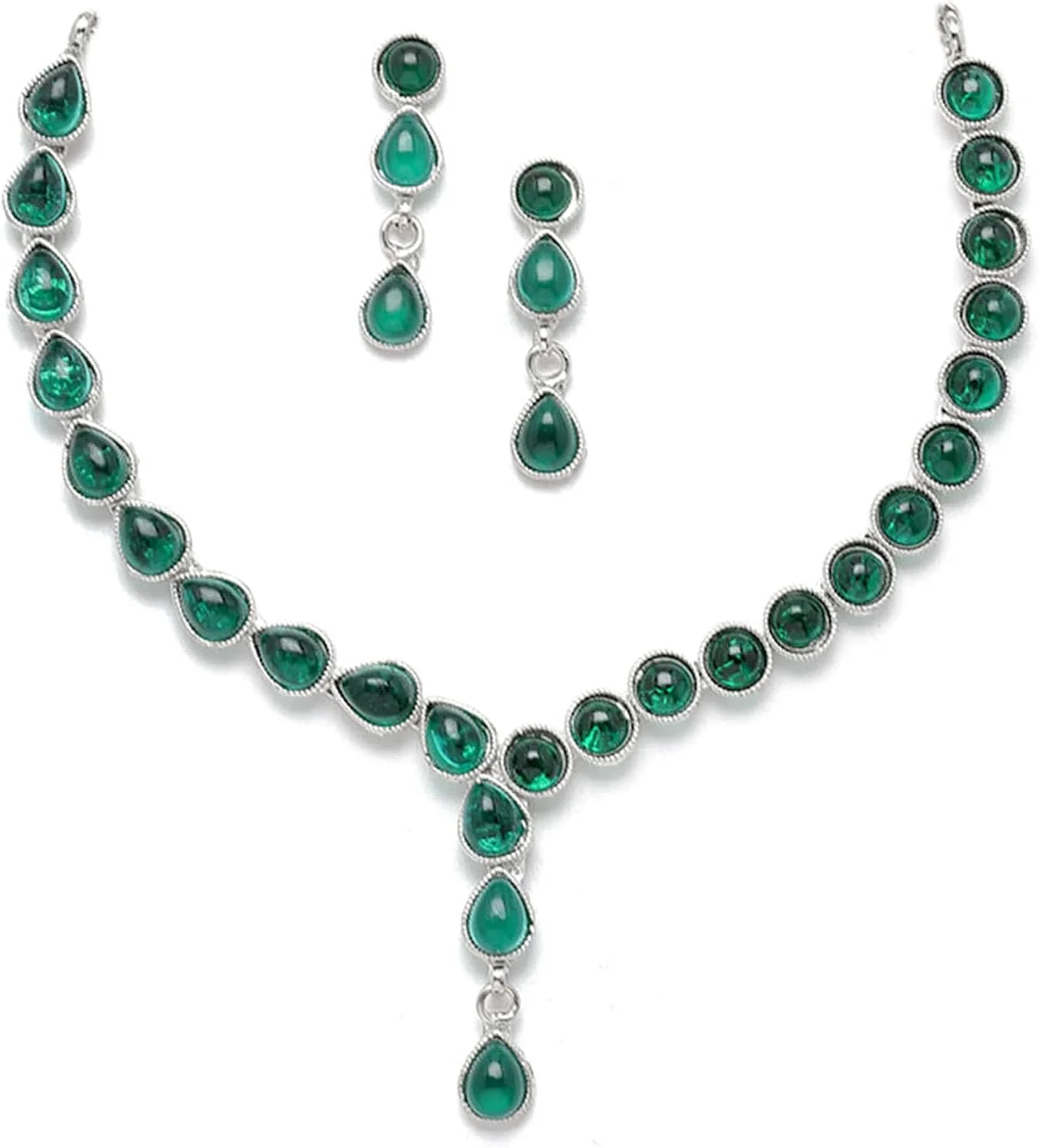 ست گردنبند و گوشواره زنانه طرح نقره ای اکسیدایز شده با نگین های اتمی دو شکل زنانه ZENEME