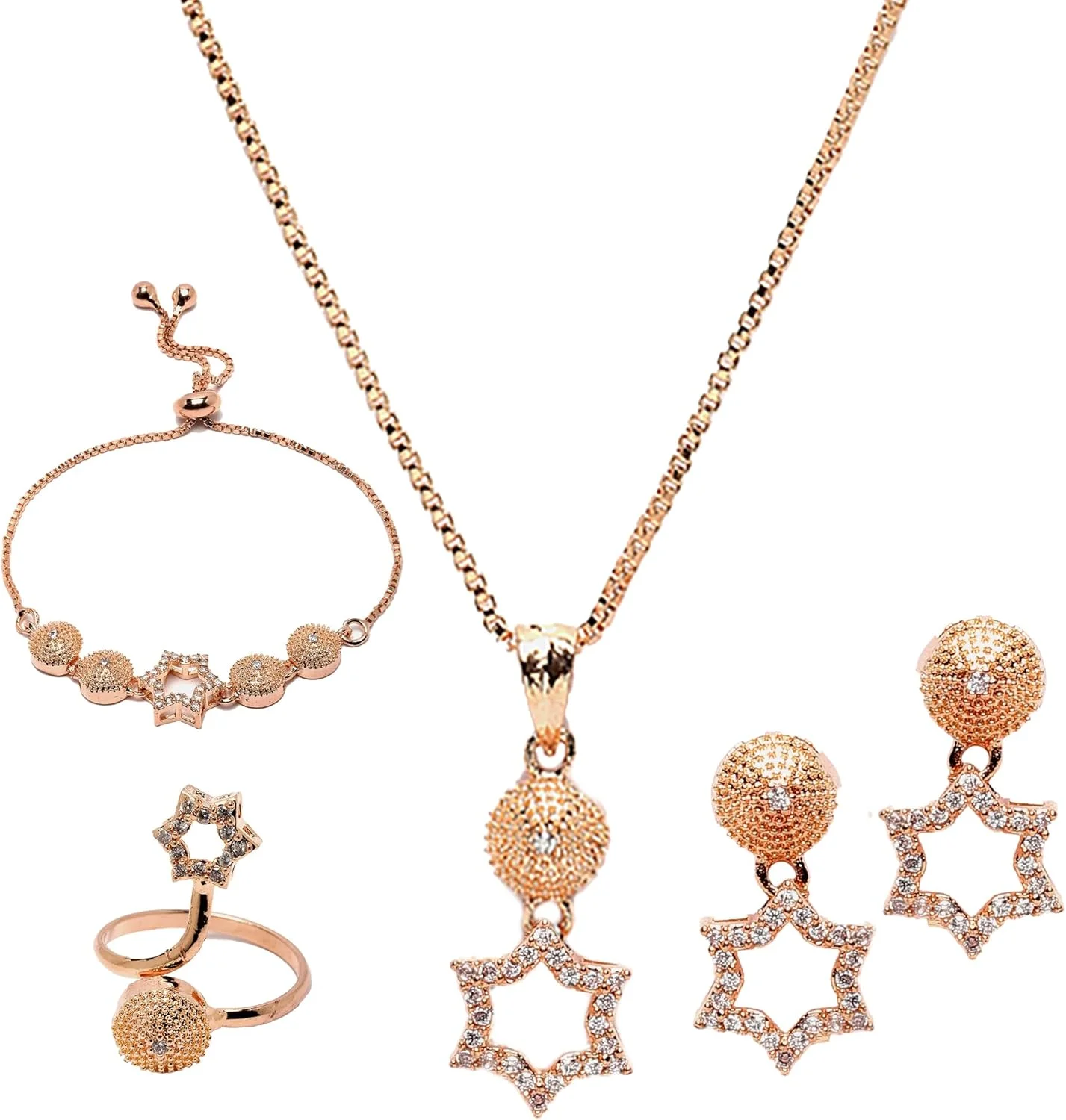 ست زیورآلات زنانه ژوپینگ با روکش رزگلد، شامل گردنبند، گوشواره، دستبند و انگشتر طرح ستاره نگین دار با الماس آمریکایی سفید