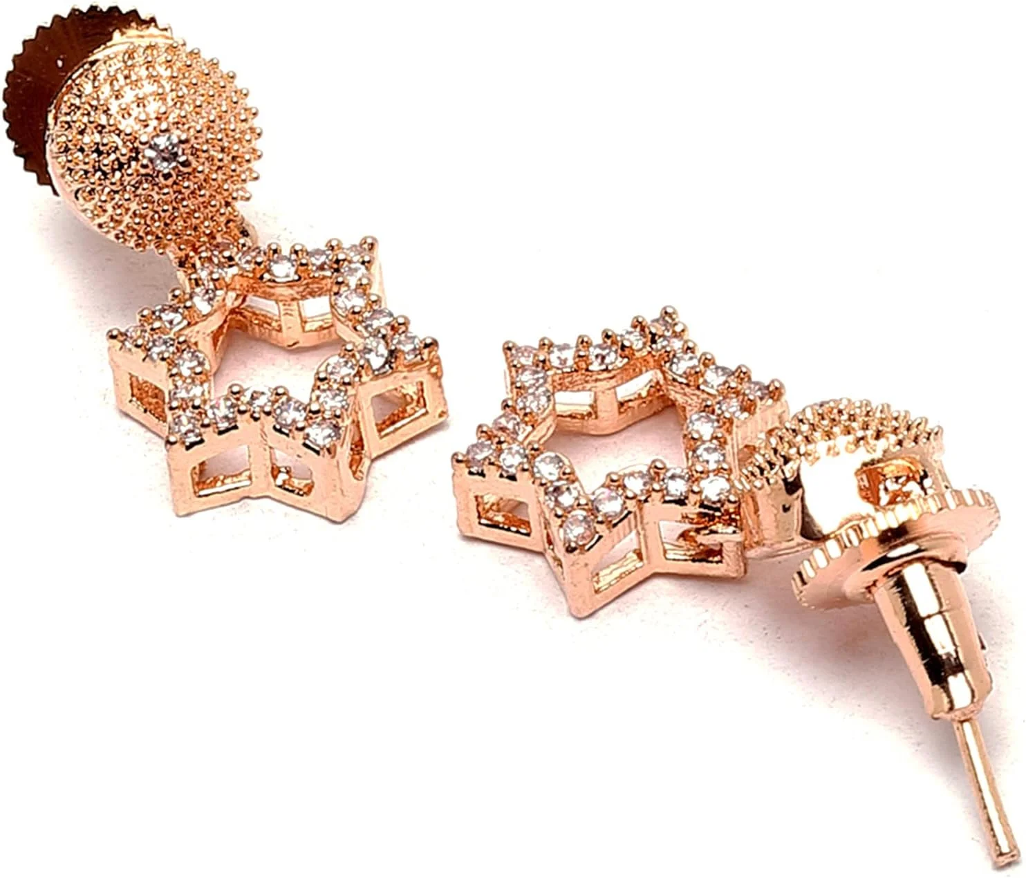 ست زیورآلات زنانه ژوپینگ با روکش رزگلد، شامل گردنبند، گوشواره، دستبند و انگشتر طرح ستاره نگین دار با الماس آمریکایی سفید ست زیورآلات زنانه ژوپینگ با روکش رزگلد، شامل گردنبند، گوشواره، دستبند و انگشتر طرح ستاره نگین دار با الماس آمریکایی سفید