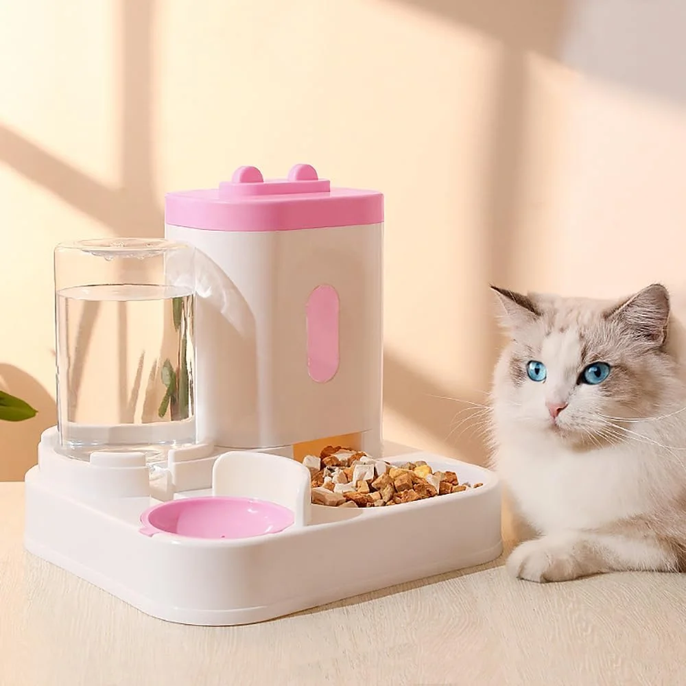مومو بیر دستگاه غذا دهنده اتوماتیک حیوانات خانگی، آبخوری پلاستیکی 2 در 1، ایستگاه غذا دهی سگ و گربه، آبنمای گرانشی برای گربه ها و سگ ها، 198809 (صورتی)