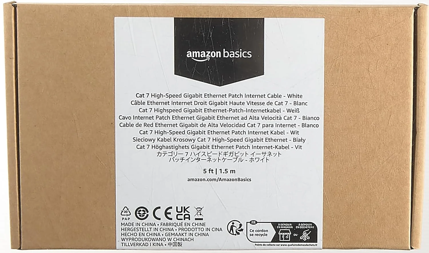 کابل شبکه اینترنت آمازون بیسیکس Cat 7 گیگابیتی پرسرعت، 10 گیگابیت بر ثانیه، 600 مگاهرتز - سفید، 1.5 متر