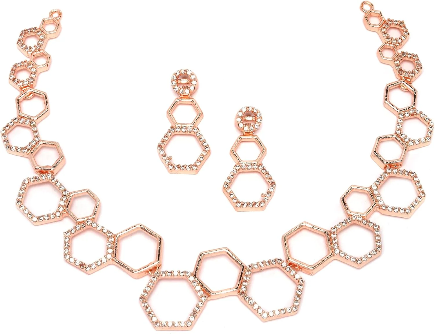 ست گردنبند و گوشواره زنانه زنم با روکش رودیوم، نگین های الماس آمریکایی سفید و طرح شش ضلعی