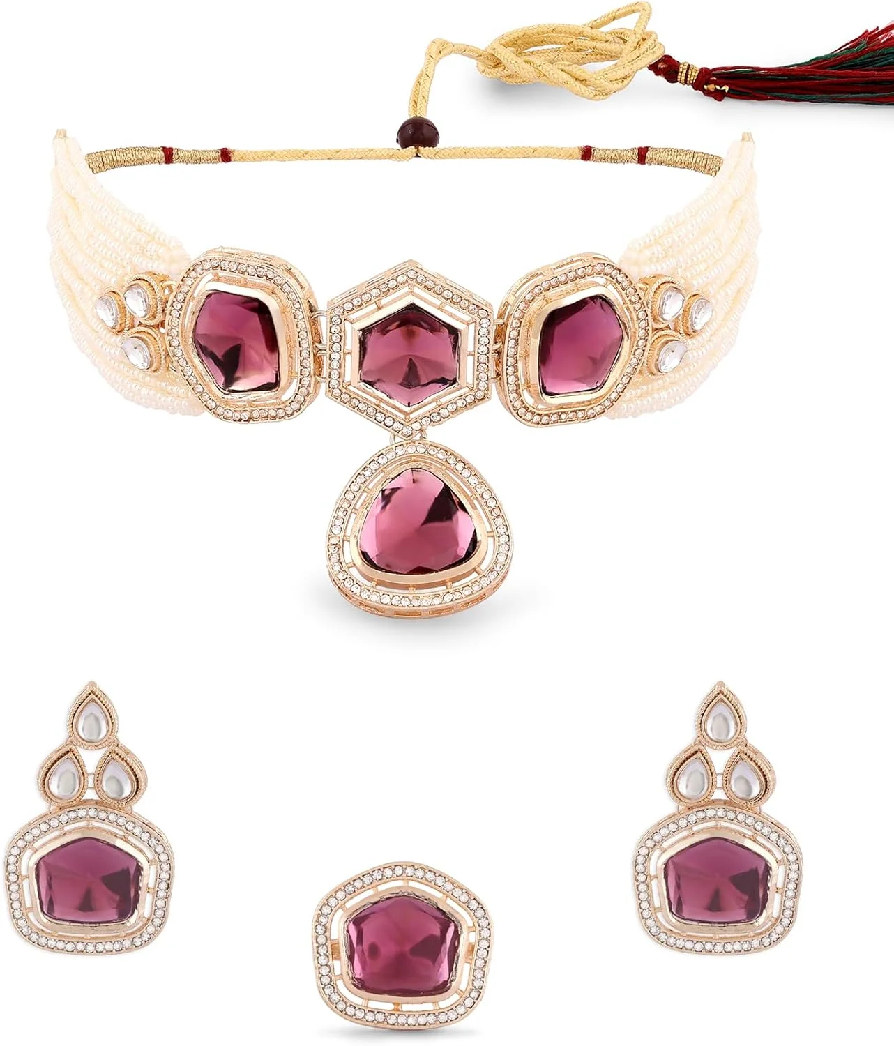 زیوری پرلز، ست گردنبند چوکر، گوشواره و انگشتر زنانه با سنگ های چند رشته ای Kundan بنفش و مهره - ZPFK16580