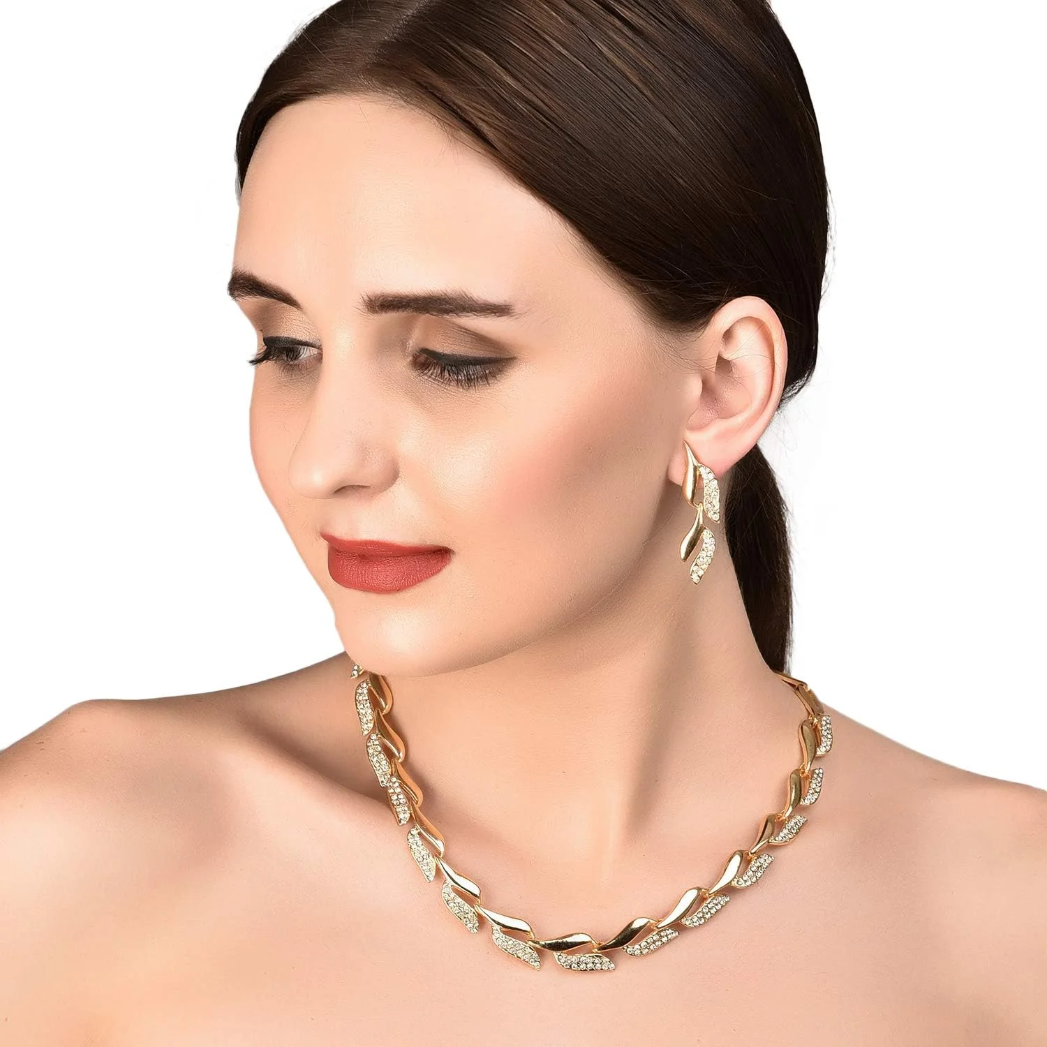 ست گردنبند مجلسی زنانه تاچ استون، طرح هندی بالیوودی، نگین دار