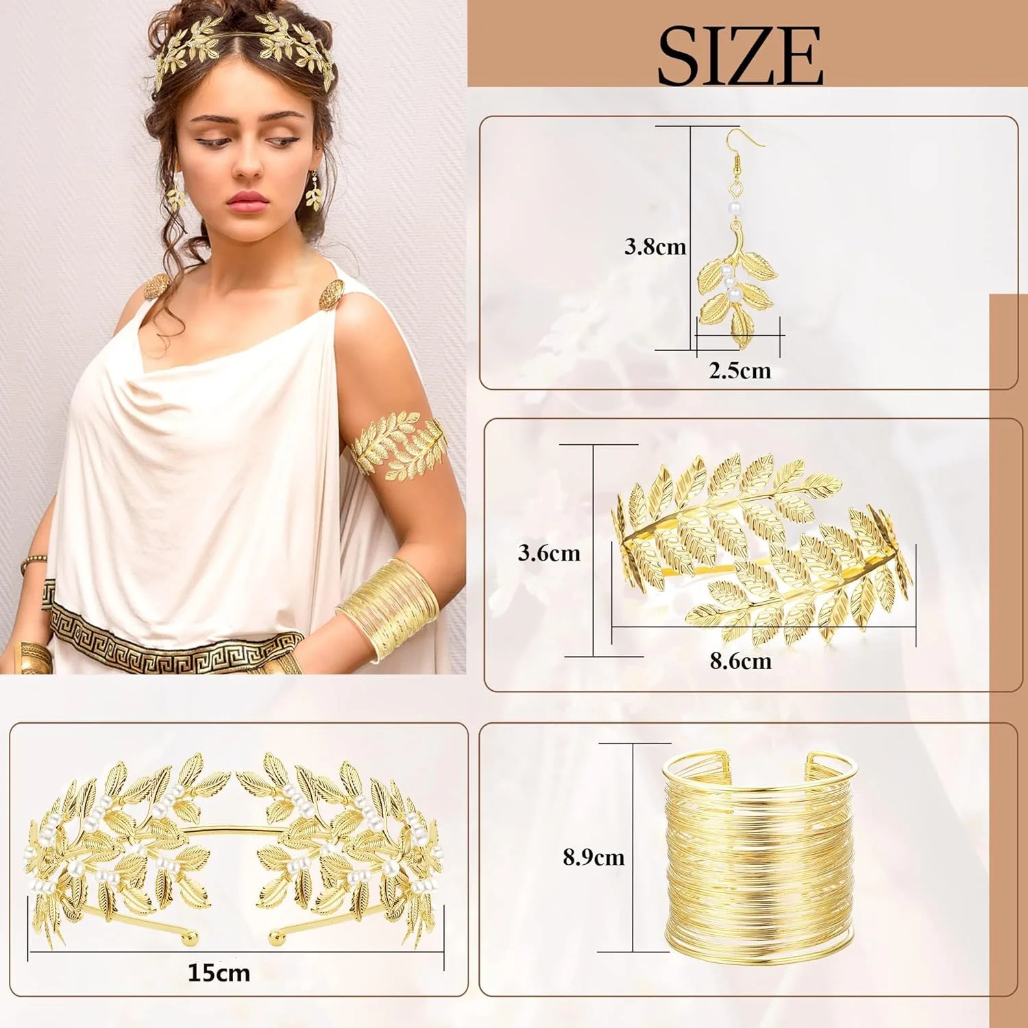 اکسسوری های لباس الهه یونانی زنانه، بازوبند طلایی، دستبند طلایی، هدبند، گوشواره آویز، ست جواهرات طلایی الهه برای عروسی و مهمانی توگا
