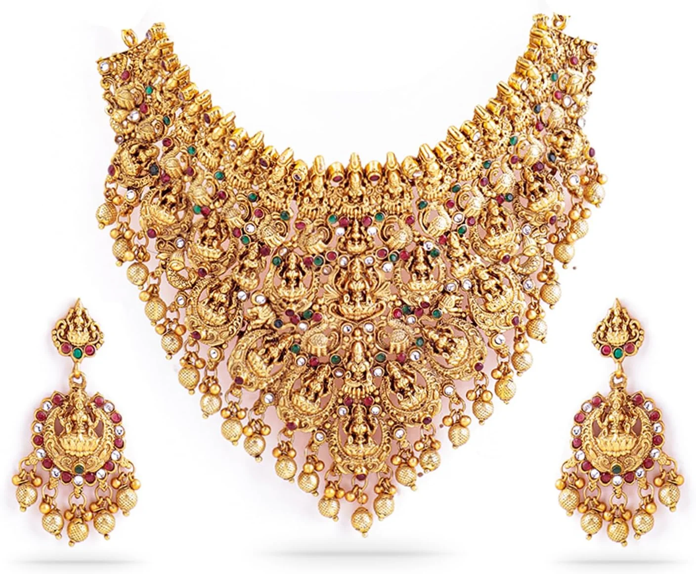 ست جواهرات سنگین معبد با طرح لاکشمی، روکش طلای 22 عیار روبانز، با سنگ های قرمز، سبز و سفید، مناسب زنان و دختران | ست گردنبند عروس سنتی | جنس برنج