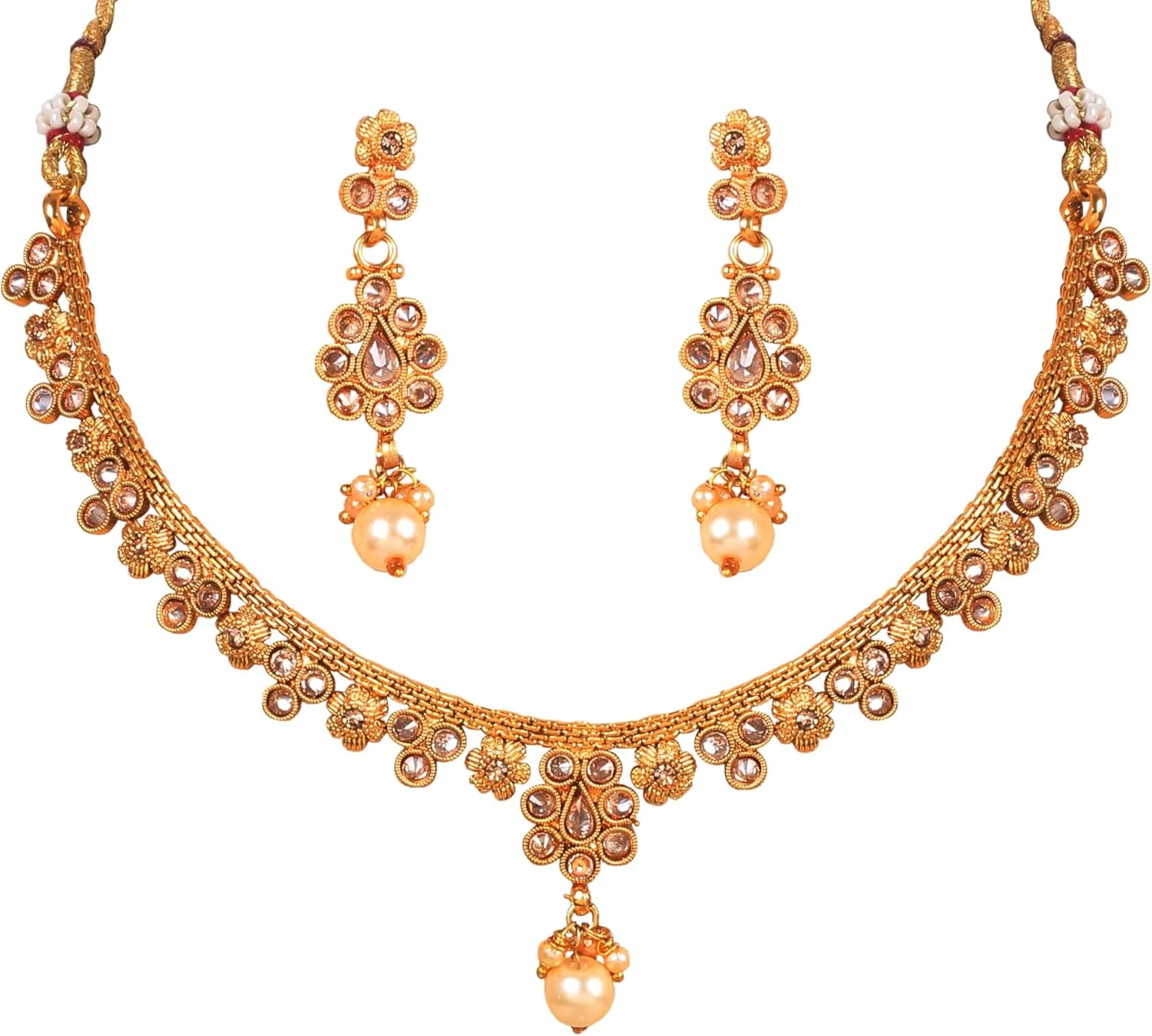 ست گردنبند مجلسی زنانه تاچ استون، طرح الهام گرفته از جواهرات سنتی هندی، کار شده با پولکی، سنگ های مصنوعی و مروارید های بدلی، طلایی آنتیک