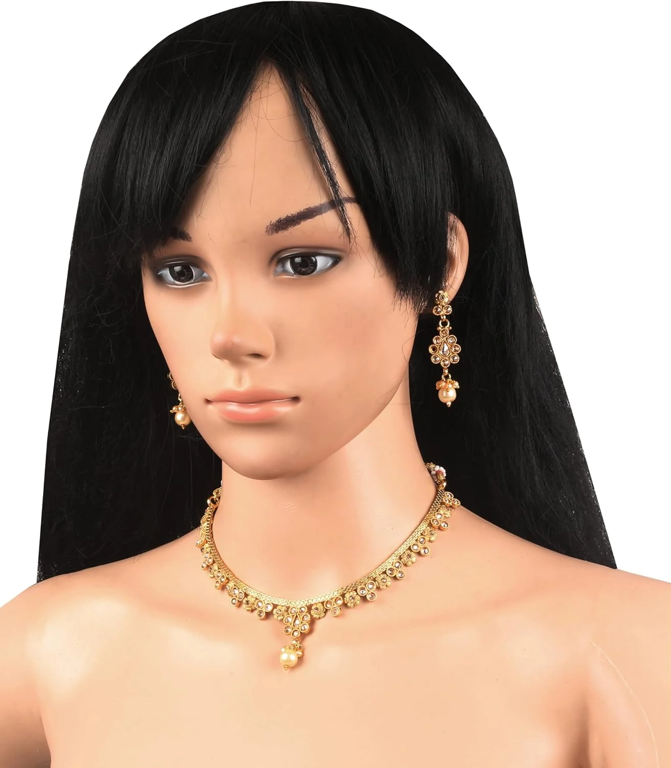 ست گردنبند مجلسی زنانه تاچ استون، طرح الهام گرفته از جواهرات سنتی هندی، کار شده با پولکی، سنگ های مصنوعی و مروارید های بدلی، طلایی آنتیک