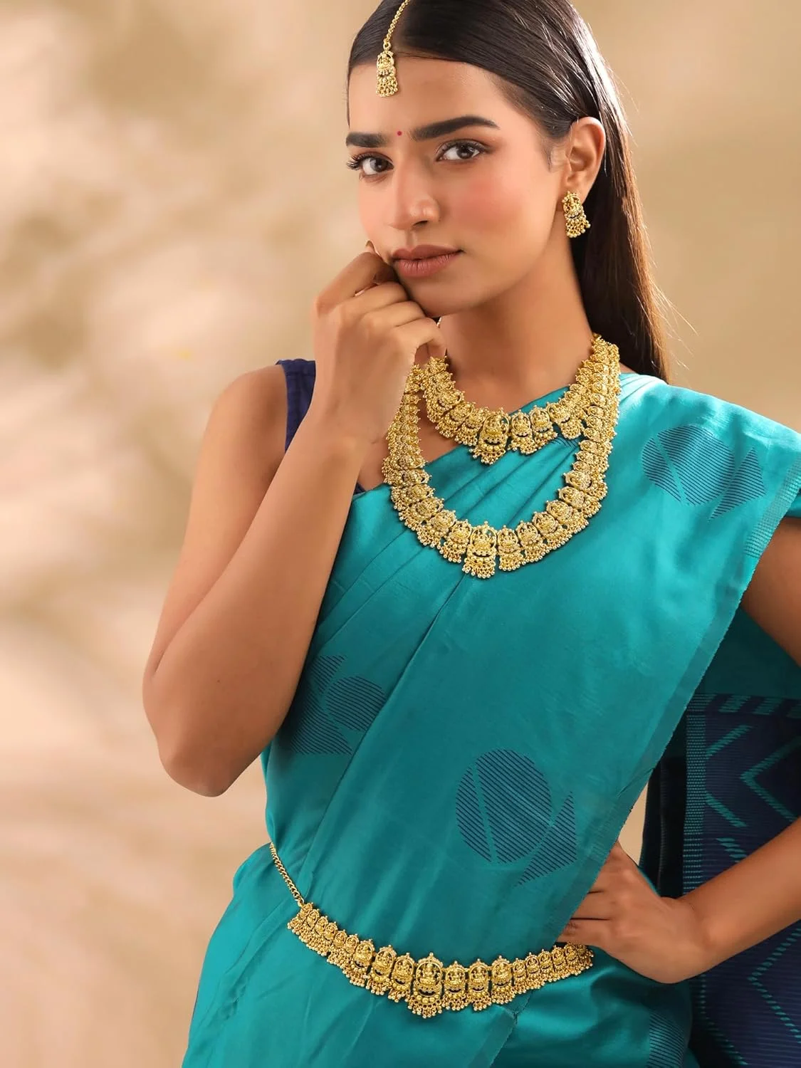 ست جواهرات زنانه یلو چایمز، روکش طلایی، گردنبند چوکر عروس معبد با گردنبند بلند، کمربند و گوشواره برای زنان و دختران، رایگان، فلزی، بدون سنگ قیمتی