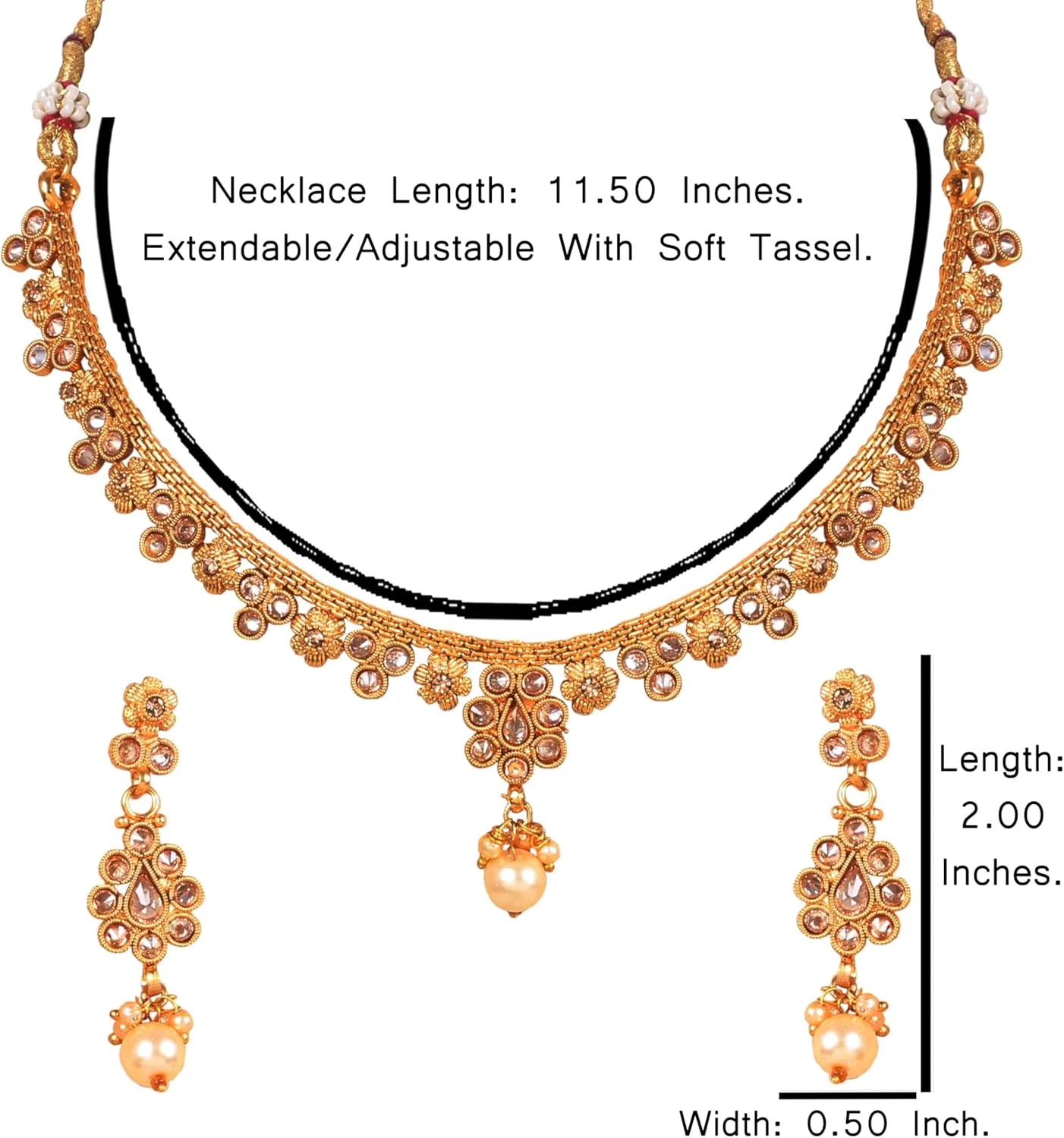 ست گردنبند مجلسی زنانه تاچ استون، طرح الهام گرفته از جواهرات سنتی هندی، کار شده با پولکی، سنگ های مصنوعی و مروارید های بدلی، طلایی آنتیک