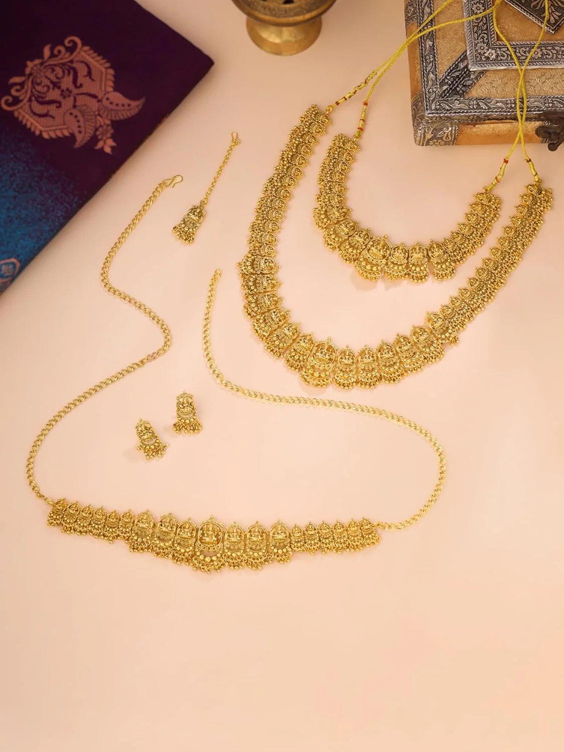 ست جواهرات زنانه یلو چایمز، روکش طلایی، گردنبند چوکر عروس معبد با گردنبند بلند، کمربند و گوشواره برای زنان و دختران، رایگان، فلزی، بدون سنگ قیمتی