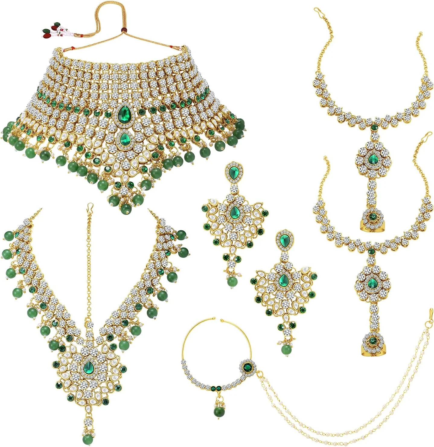 ست جواهرات زنانه بهلی شامل گردنبند چوکر عروس به سبک کلاسیک بالیوود، ماتا پاتی، حلقه بینی و هاث فول (آبی)