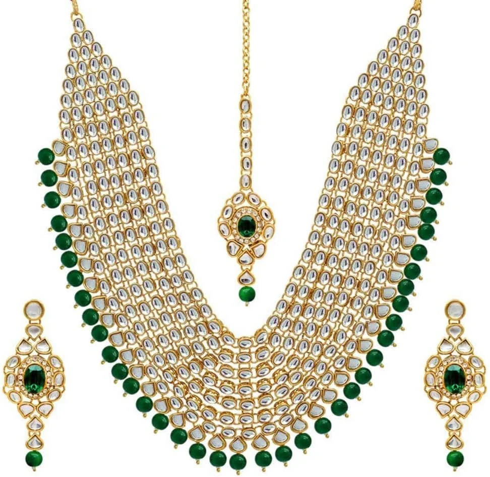 ست گردنبند عروس طرح کندن جدید زنانه Shining Diva Fashion، ست جواهرات طلاکاری شده سنتی برای عروسی زنان (سبز) (10011s)
