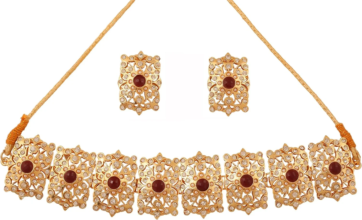 تاچ استون، ست گردنبند چوکر مجلسی زنانه، طرح جواهرات عروسی هندی بالیوود، نگین دار، طرح مغول، رنگ سفید، با کریستال های رنگارنگ و سنگ های تزئینی، طلایی و نقره ای