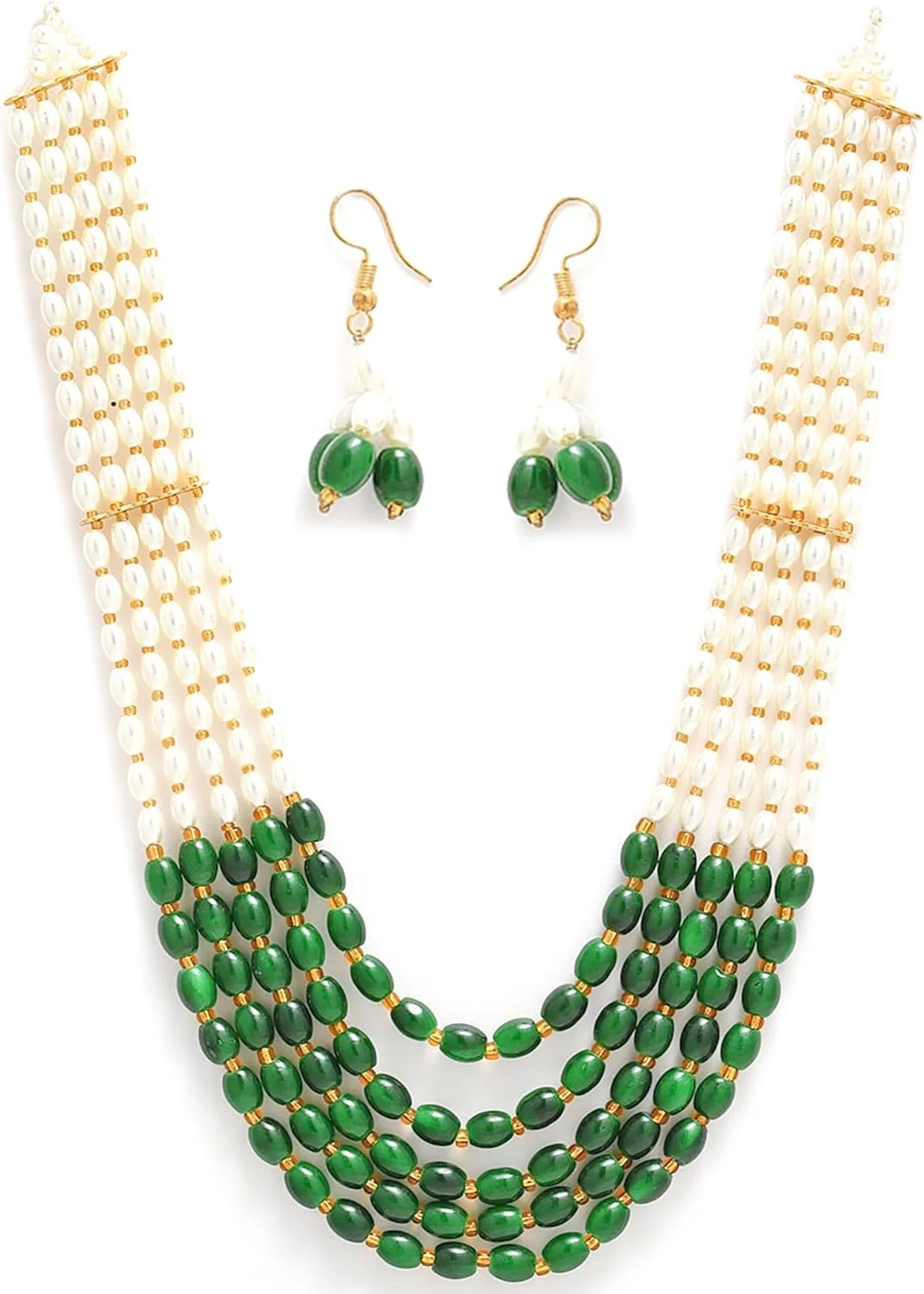 ست جواهرات زنانه Zeneme، مروارید سفید، چند رشته ای، پنج لایه، سبک راجستانی، گردنبند و گوشواره های قدیمی