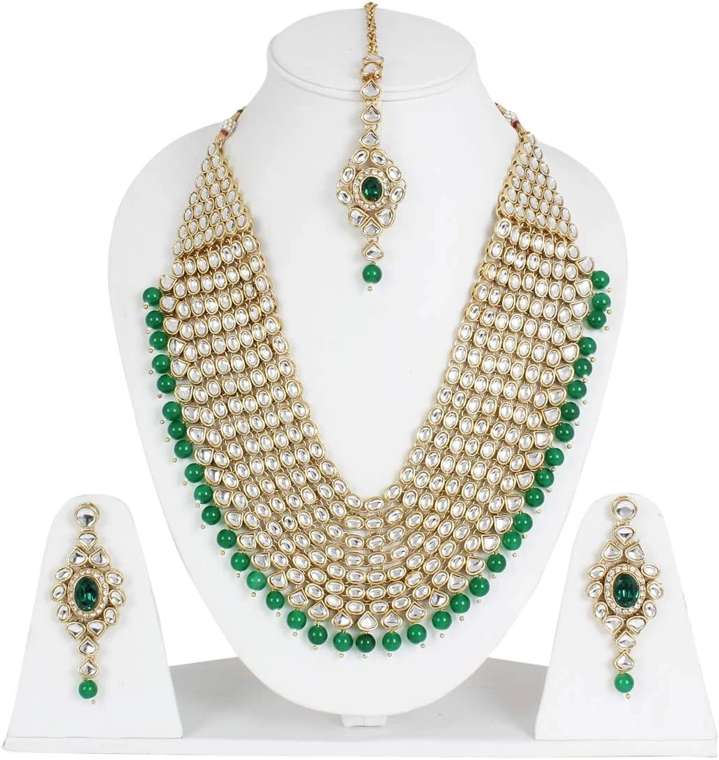 ست گردنبند عروس طرح کندن جدید زنانه Shining Diva Fashion، ست جواهرات طلاکاری شده سنتی برای عروسی زنان (سبز) (10011s)