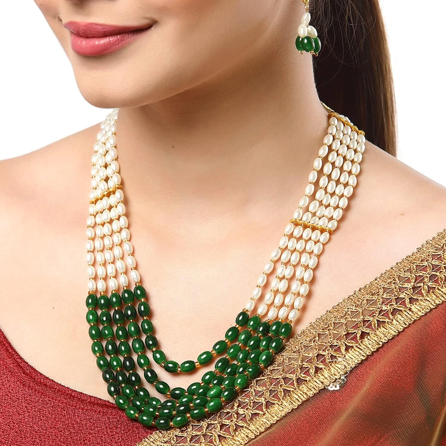 ست جواهرات زنانه Zeneme، مروارید سفید، چند رشته ای، پنج لایه، سبک راجستانی، گردنبند و گوشواره های قدیمی