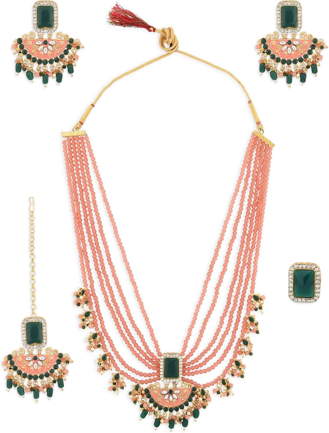 زیوری پرلز ست گردنبند، گوشواره، مانگتیکا و انگشتر چند رشته ای هلویی و سبز عروس زنانه - ZPFK12626