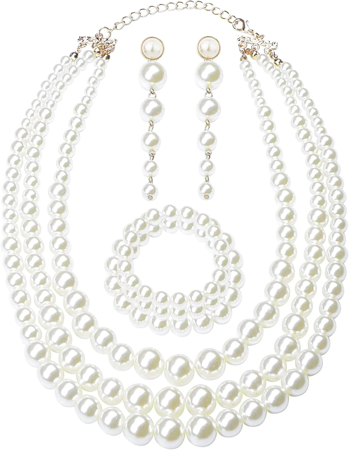 بستیل، ست جواهرات زنانه شامل گردنبند سه ردیفه مروارید مصنوعی، گوشواره های آویز مرواریدی بلند و دستبند