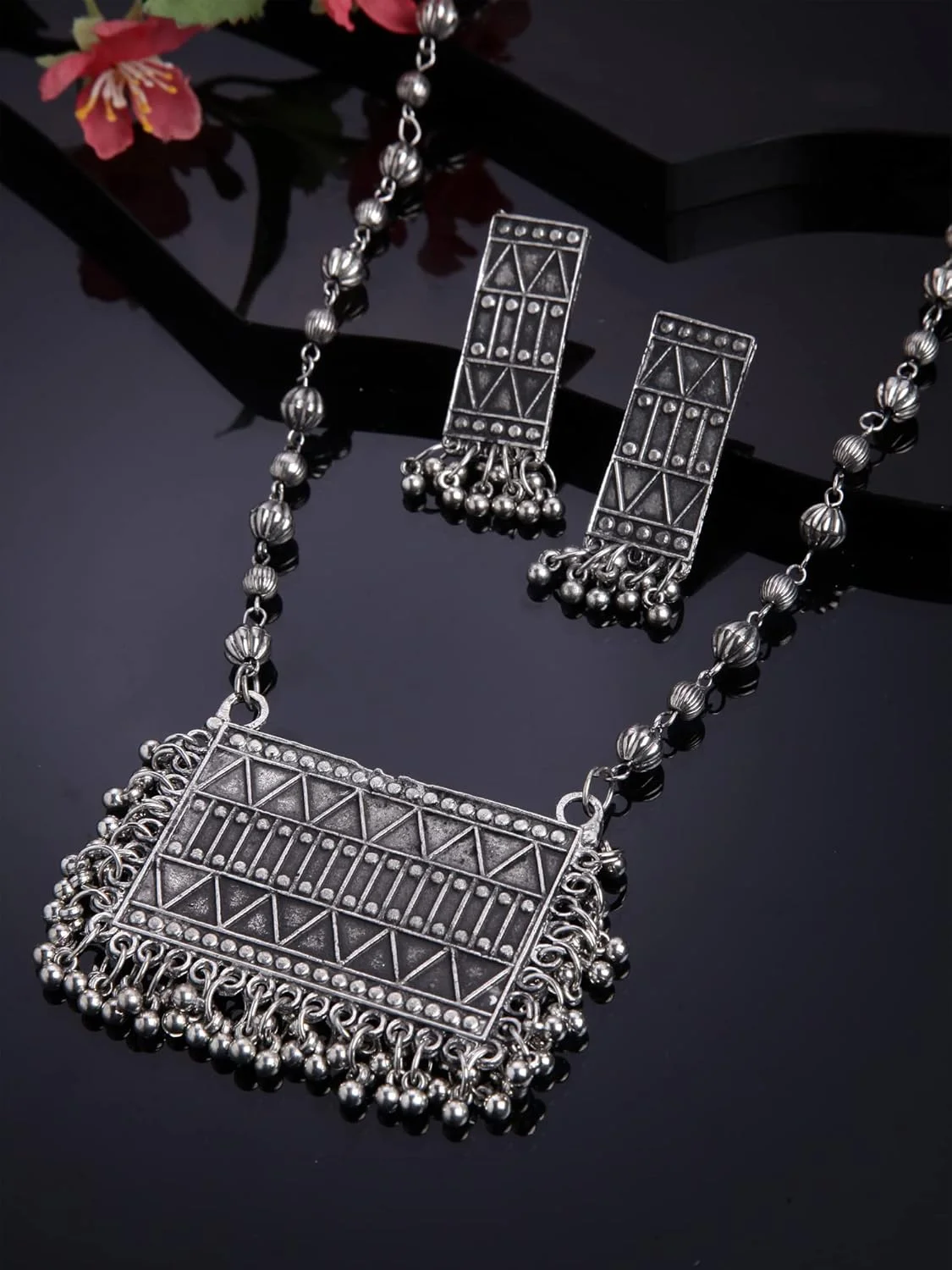 ست جواهرات گردنبند نقره ای اکسیدایز شده شیک و جدید زنانه Shining Diva Fashion (13102s)