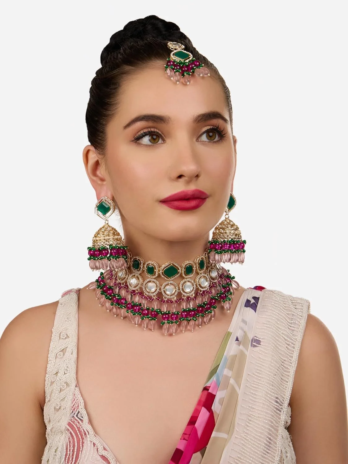 زیوری پرلز، ست گردنبند چوکر، گوشواره و مانگ تیکا با سنگ های سبز و صورتی، مهره ها و الماس های اتریشی - مدل ZPFK18237، مخصوص بانوان زیوری پرلز، ست گردنبند چوکر، گوشواره و مانگ تیکا با سنگ های سبز و صورتی، مهره ها و الماس های اتریشی - مدل ZPFK18237، مخصوص بانوان