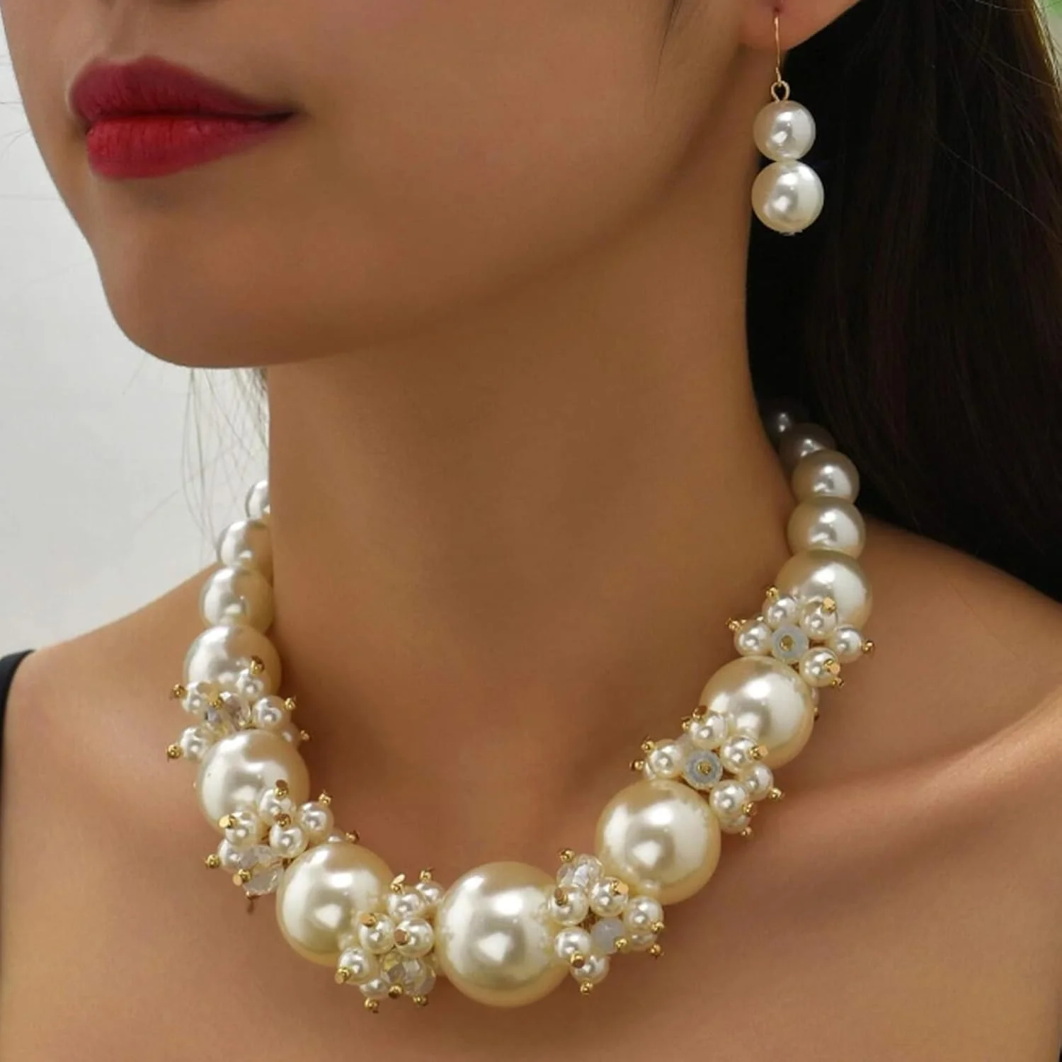 ست جواهرات مروارید زنانه، گردنبند و گوشواره مروارید، گردنبندهای مروارید درشت زنانه، جواهرات جشن، چوکر جذاب مروارید بزرگ، ست جواهرات عروسی برای عروس