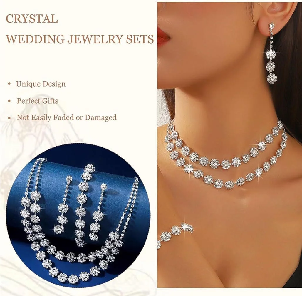 ست جواهرات Goodern، شامل گردنبند، گوشواره آویز، انگشتر و دستبند، ست جواهرات عروسی براق کریستالی، گردنبند چوکر الماس بدلیجات برای زنان و دختران - سفید