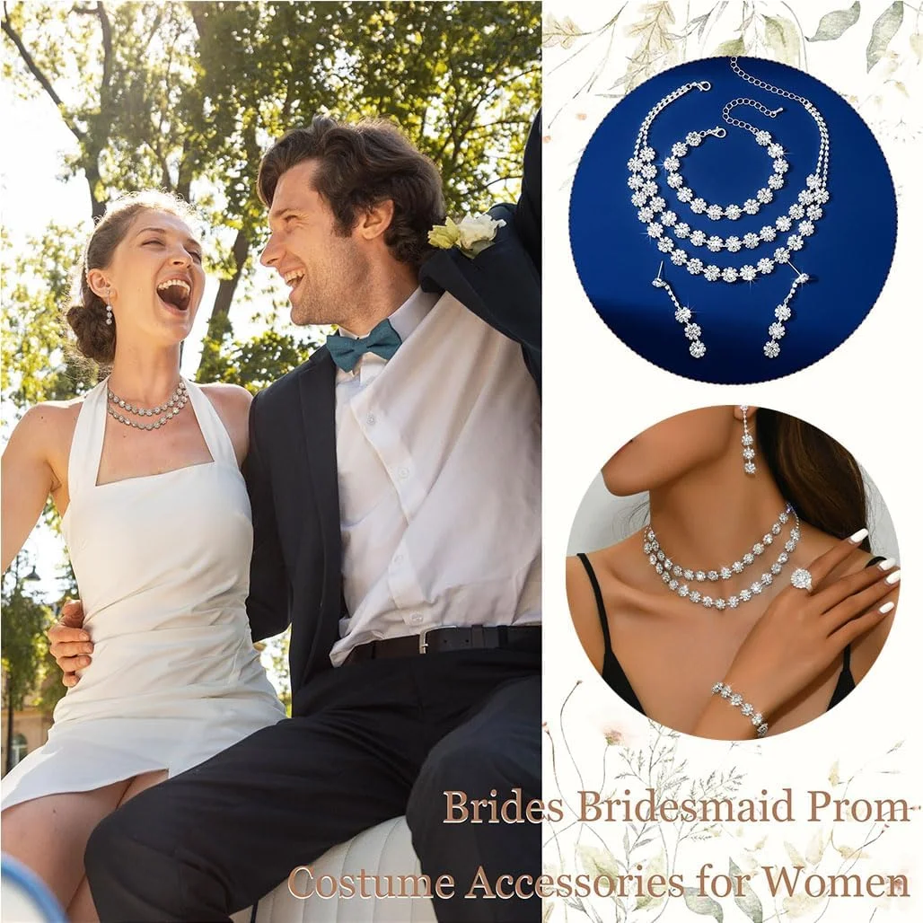 ست جواهرات Goodern، شامل گردنبند، گوشواره آویز، انگشتر و دستبند، ست جواهرات عروسی براق کریستالی، گردنبند چوکر الماس بدلیجات برای زنان و دختران - سفید