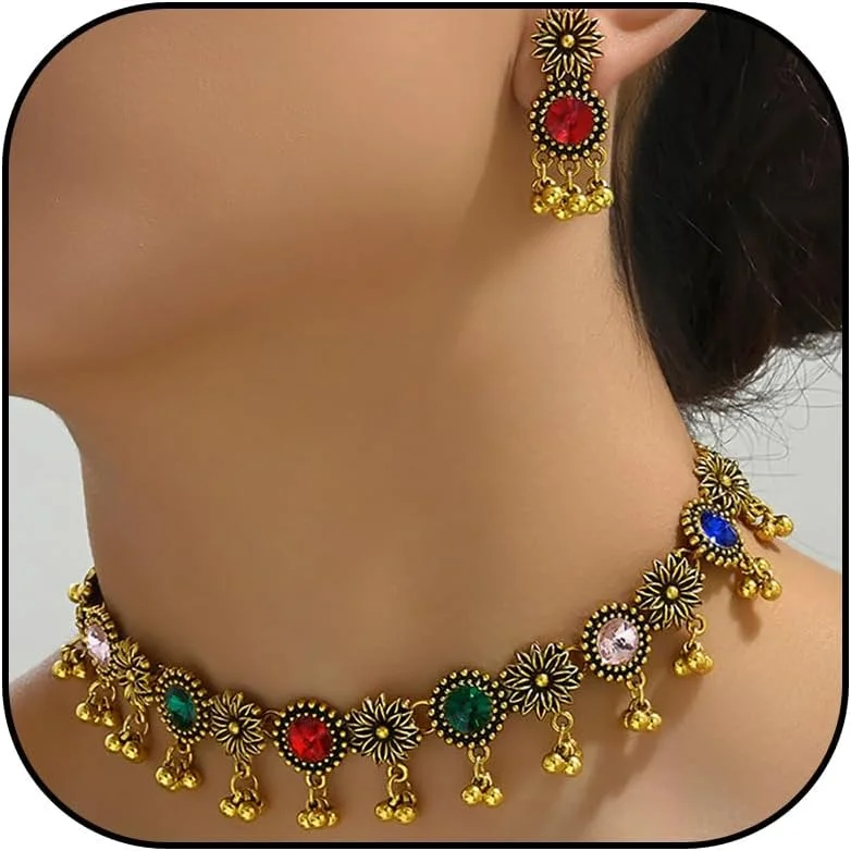 ست جواهرات هندی یور آلوایز چارم برای زنان، ست گردنبند جواهرات عروسی بالیوود، گردنبند چوکر با ست گوشواره مانگ تیکا