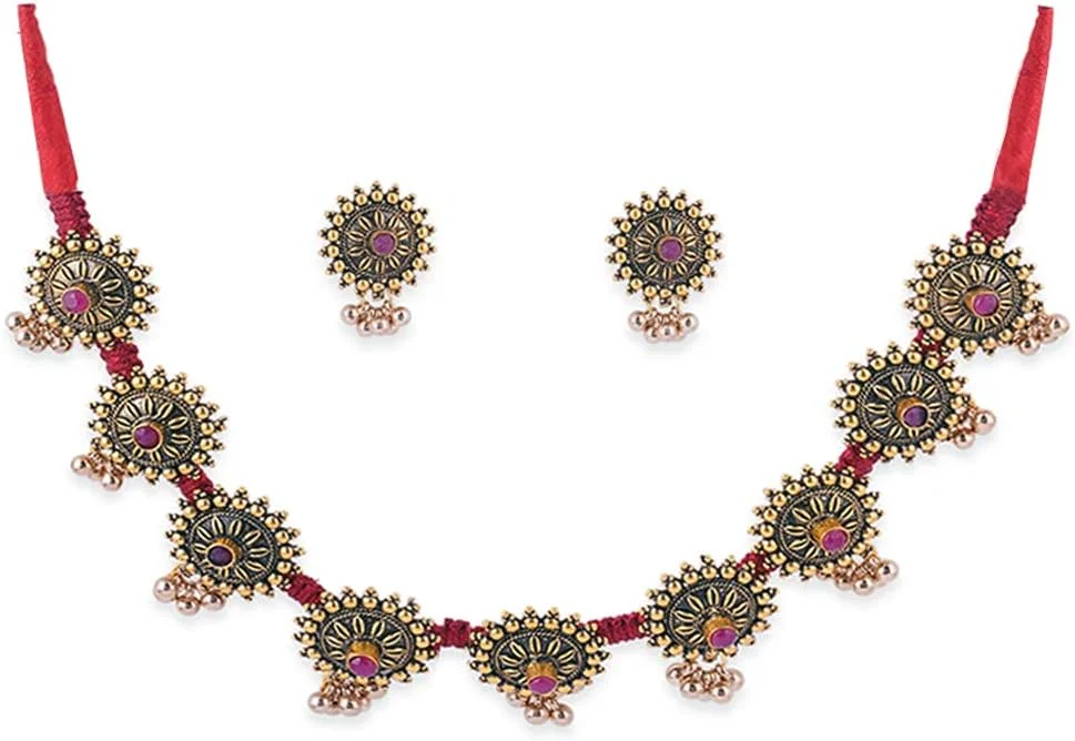 ست جواهرات دست ساز دو رنگه Binnis شامل گردنبند چوکر با بافت