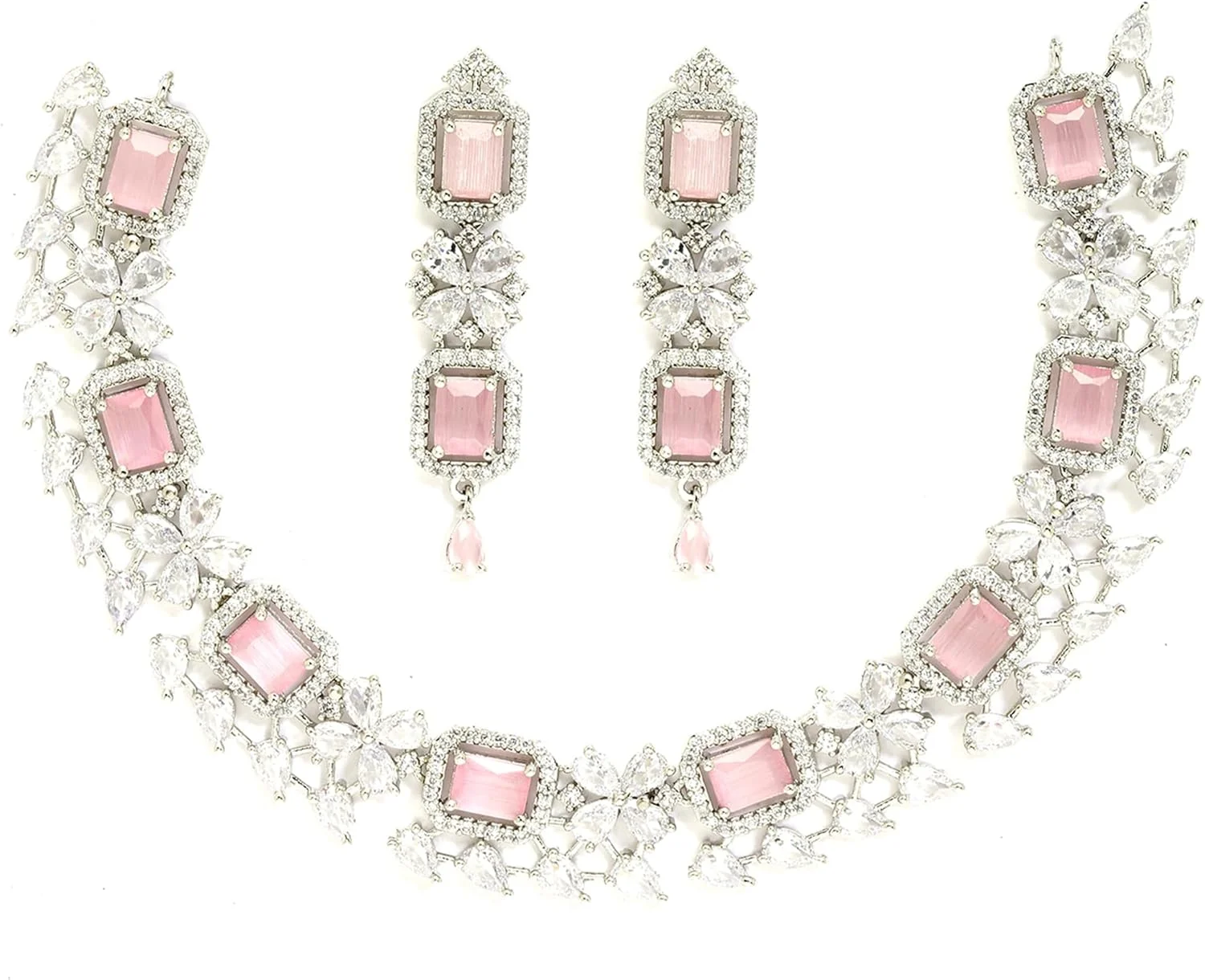 ست گردنبند و گوشواره زنانه زنمه با روکش رودیوم، نقره‌ای رنگ، نگین‌های اتمی سبز و سفید