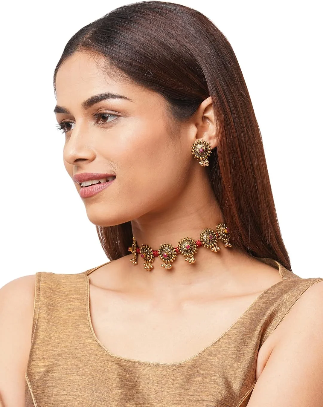 ست جواهرات دست ساز دو رنگه Binnis شامل گردنبند چوکر با بافت